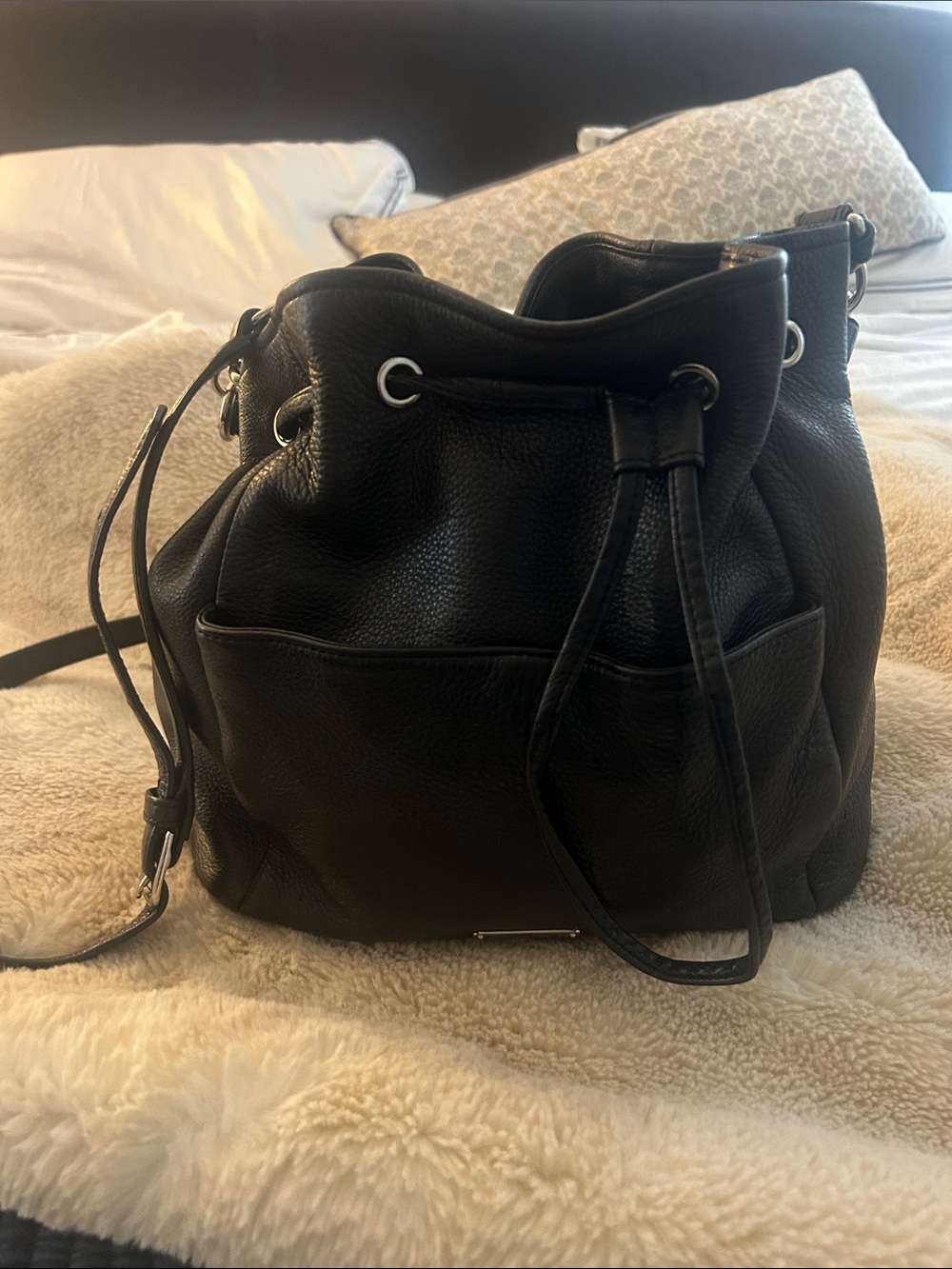 Black Leather Drawstring Bucket Bag - Coach brand from the outlet.